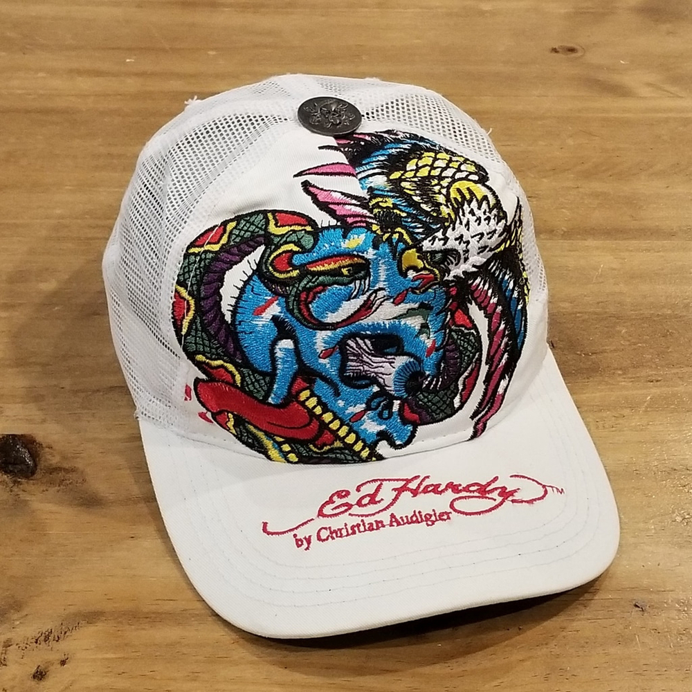 Ed Hardy Hat Snapback White Skull Eagle Embroidered One Size Adjustable - Picture 5 of 11
